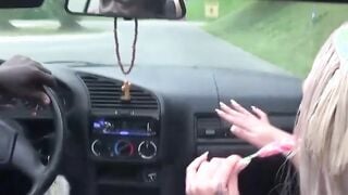 German Amateur bimbo sucking off the big black cock outdoors into the vehicle