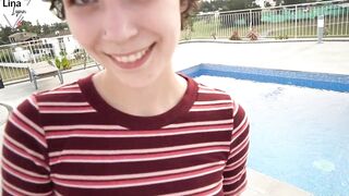 LinaLynn's vacation flirt escalates - bareback sex at the hotel pool! Hopefully nobody catches me!