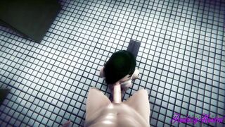 Cyber Emo 2077 Animated Sex inside a Outside Bathroom fellatio sucking off a long cock with cum inside her mouth and jizzed into cunt