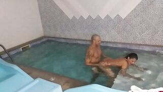 Mike Bae calls the beauty lady Bae from her mullher Danny Bae, to go to the Royal Suite, and they pounded everywhere inside the pool