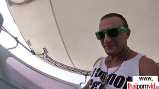 Thin amateur Thai 19 year old Cherry nailed on a boat public into doggy style