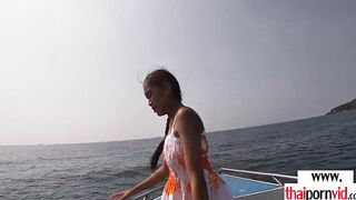 Thin amateur Thai 19 year old Cherry nailed on a boat public into doggy style