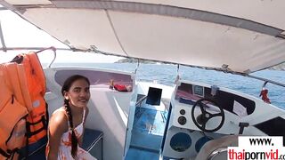 Thin amateur Thai 19 year old Cherry nailed on a boat public into doggy style
