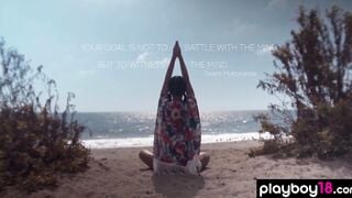 Flexible cougar Daniella Smith doing her daily naked yoga outside