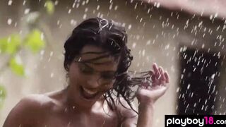 Bombastic big titted hungarian beauty Natalie Costello stripping inside the rain