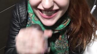 Red haired 18 suck the big black cock on the outdoor Bathroom