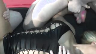 German blonde Cougar with long melons screwed inside a leather dress during the Gang Bang