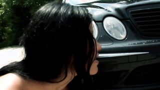 Slender ebony haired 18 Year Old with tiny boobs nailed outdoors