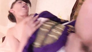 Japanese dark hair Ryouko Murakami inside kimono shows trimmed snatch uncensored.