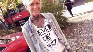 Slender blonde german tattoo mom flirt on street and pickup