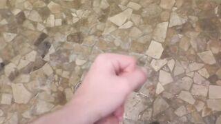 Tattooed twink Jamie Satin wanking his big cock after shower
