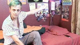 Inked twink strokes his cock and cums in solo homemade video