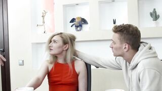 Young hot blonde fucked on the table while boyfriend watches