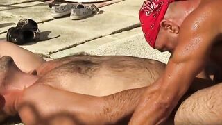 Two muscular guys have gay fuck session on a memorial day