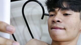 Skinny Asian twink on the phone feet teases and masturbates