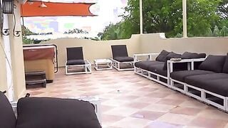 Ella Cruz is hanging out on her friend's nice rooftop sunbathing when the friend's dad
