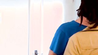 Stunning UK babe sucks off a nerd while GF watches the telly