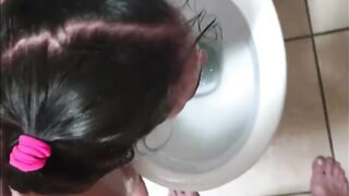Restroom sub receiving a golden shower and blows cock | face slapping and spitting