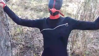 Public sex into the wood. Wearing Bombshell clothes and high heels, tied, throated and banged