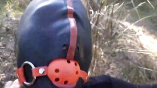 Public sex into the wood. Wearing Bombshell clothes and high heels, tied, throated and banged