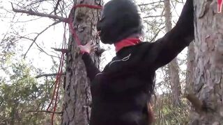 Public sex into the wood. Wearing Bombshell clothes and high heels, tied, throated and banged