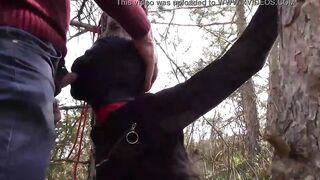 Public sex into the wood. Wearing Bombshell clothes and high heels, tied, throated and banged