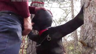 Public sex into the wood. Wearing Bombshell clothes and high heels, tied, throated and banged