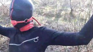 Public sex into the wood. Wearing Bombshell clothes and high heels, tied, throated and banged