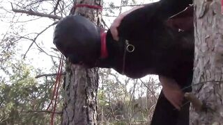 Public sex into the wood. Wearing Bombshell clothes and high heels, tied, throated and banged