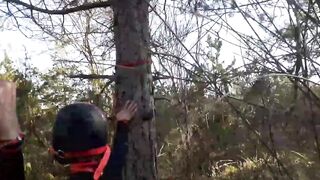 Public sex into the wood. Wearing Bombshell clothes and high heels, tied, throated and banged