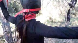 Public sex into the wood. Wearing Bombshell clothes and high heels, tied, throated and banged