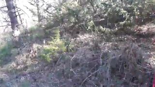 Public sex into the wood. Wearing Bombshell clothes and high heels, tied, throated and banged