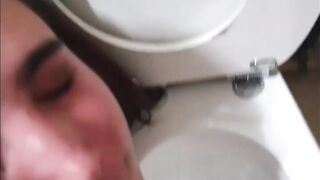 Pigtailed 19 year old blows penis after being pissed on and licking the WC clean | face spitting and slapping