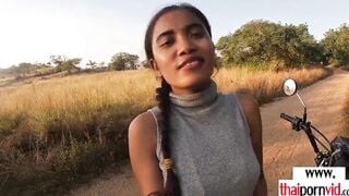 Amateur Thai 19 yo Cherry sucking off and fucking a long white cock outdoors