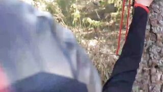 Bound to a tree on a beauty outfit, masked and outdoors deep throat with no mercy