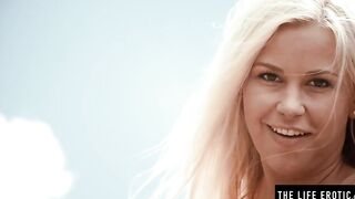 Bae blonde gets nude outside and masturbates to a wild orgasm