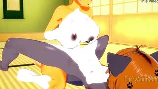 Digimon Furry Anime - Taomon & Grey Fox boobjob, hand job, oral sex and plowed 1/2 - Yiff Manga Animated Japanese Porn