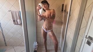 Soaping up my body inside the shower
