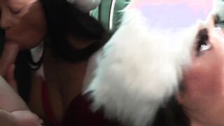 Blonde babe and lusty ebony sucking many dicks in group sex