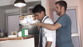 Latino twink Alejo sprays hot cum while being raw banged