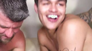 Inked Asian hunk fucks twink ass in hardcore foursome