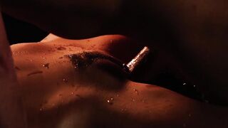 Erotic couple making love until her sexy belly gets creamed