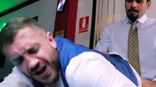 Hunk in classy suit pounded after being slapped with cock