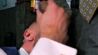 Hunk in classy suit pounded after being slapped with cock