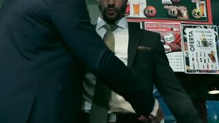 Handsome men in classy suits spitroasting pretty bottom