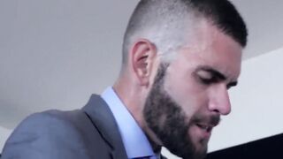 Businessman pounding partners tight wet butt hole hard