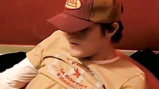 Dark haired Kevin masturbates after pushing dildo in own ass