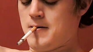 Dark haired Kevin masturbates after pushing dildo in own ass