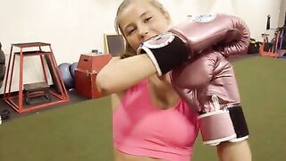 Tight teen Carolina Sweets loves putting on a sports bra and underwear so she can work out inside the gym.