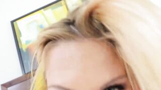 Busty blonde working on nice piece of meat in her mouth